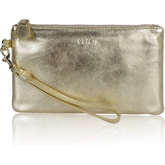 Women Gold Leather Wristlet Clutch RFID Blocking Bag Cell Phone Wallet - Picture 1 of 5